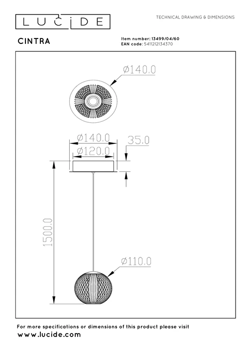 Lucide CINTRA - Pendelleuchten - Ø 14 cm - LED - 1x5,7W 2700K - Transparent - technisch
